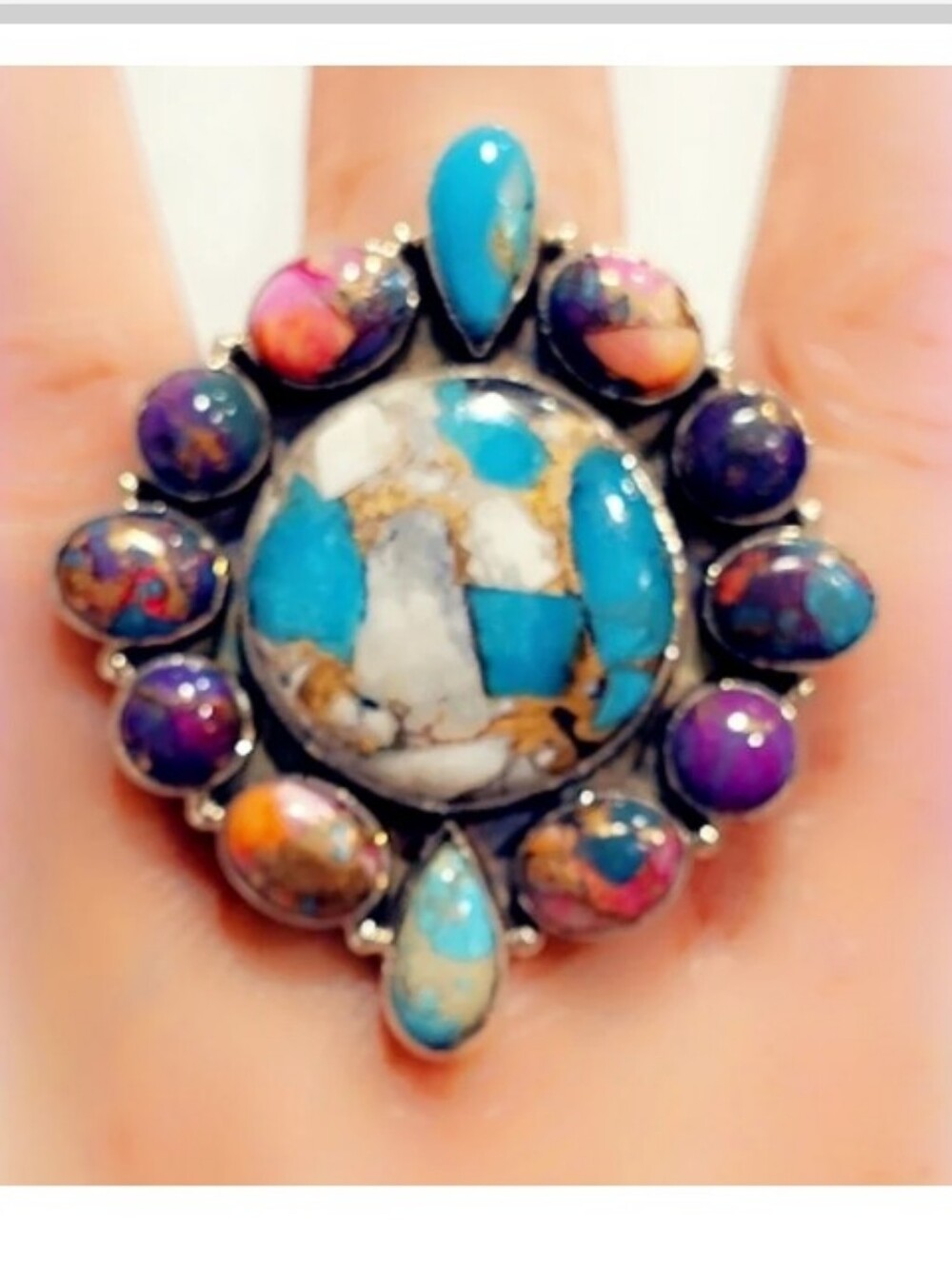Spiny Oyster Turquoise Adjustable Sterling Silver 925 Gemstone Ring